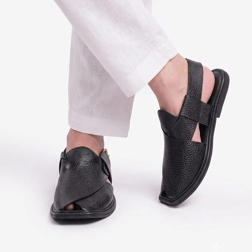 Handmade Pure Black Dotted Leather Peshawari Chappal