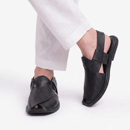 Handmade Pure Black Dotted Leather Peshawari Chappal