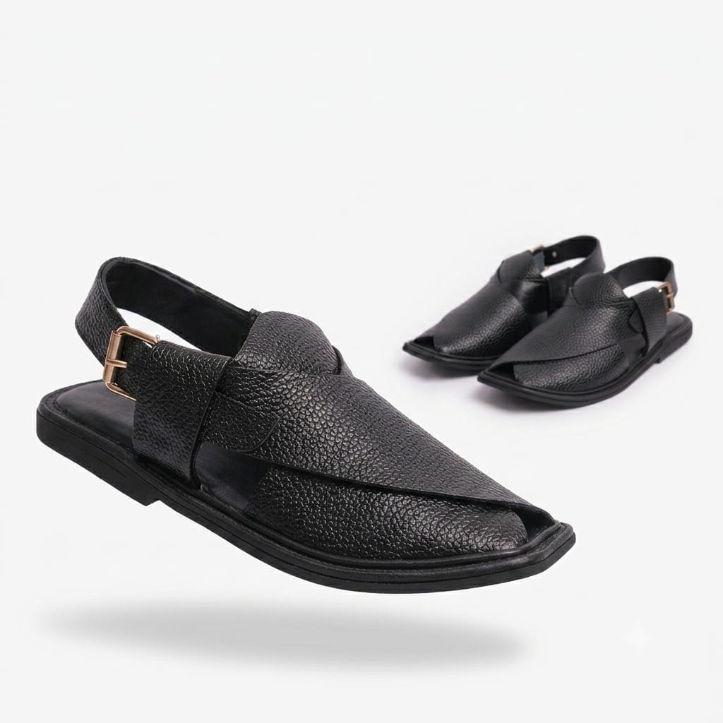 Handmade Pure Black Dotted Leather Peshawari Chappal