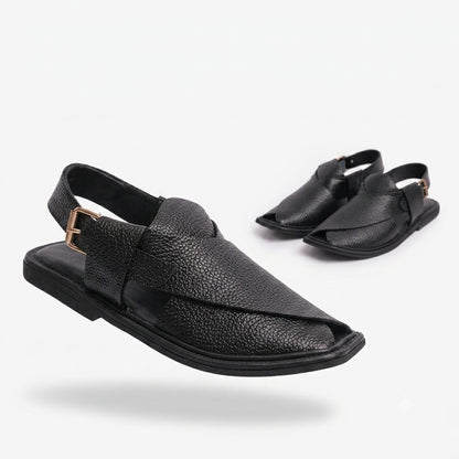 Handmade Pure Black Dotted Leather Peshawari Chappal