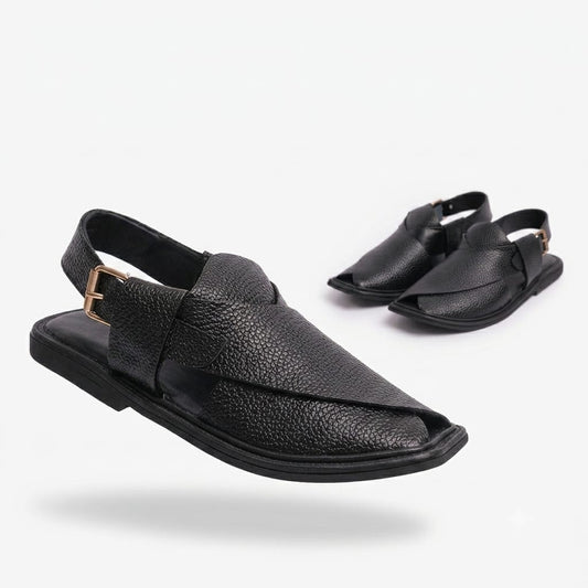 Handmade Pure Black Dotted Leather Peshawari Chappal