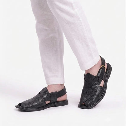 Handmade Pure Black Dotted Leather Peshawari Chappal